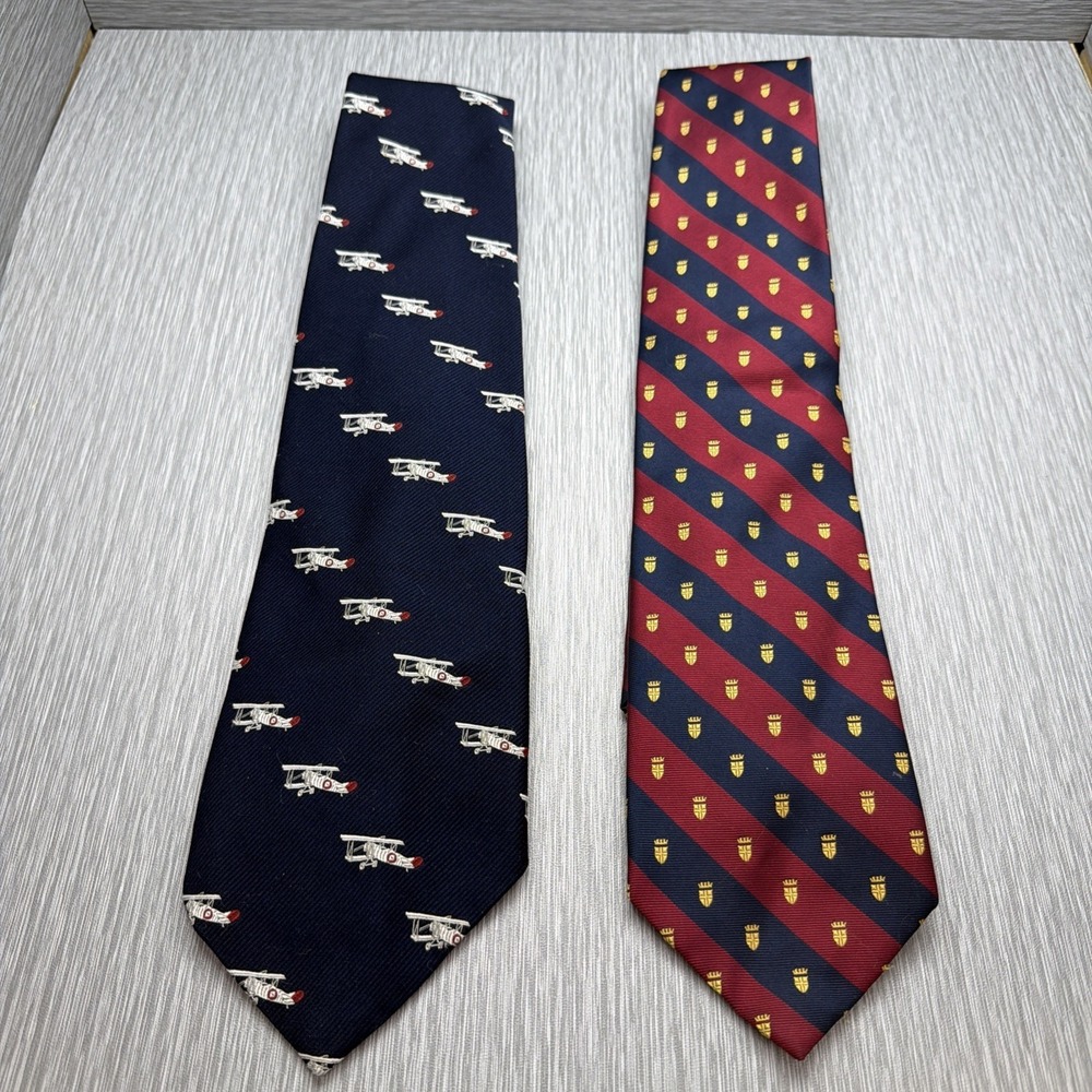 PS Abreu Tie Lot of 2 Airplane Novelty Crest Stripe Silk Neckties Mens